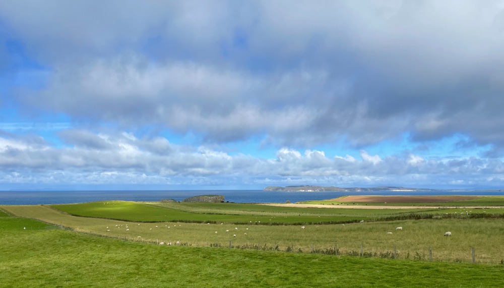 Green fields and blue skies overlooking the Causeway Coastal Route
