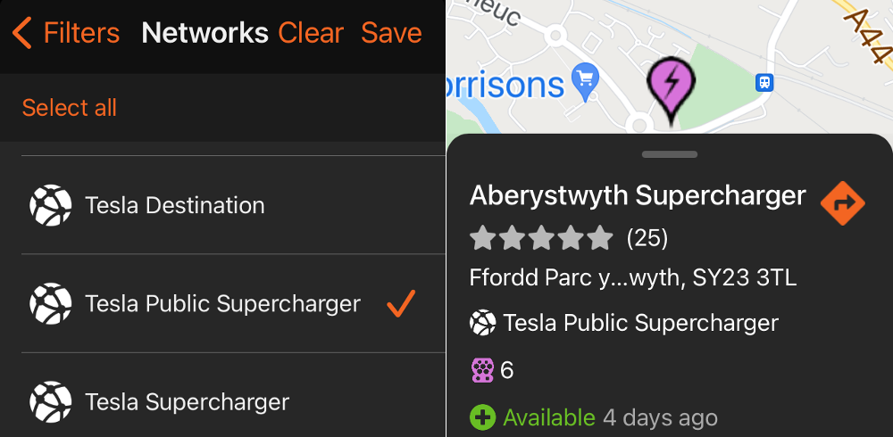 search for tesla public supercharger sites on zap-map