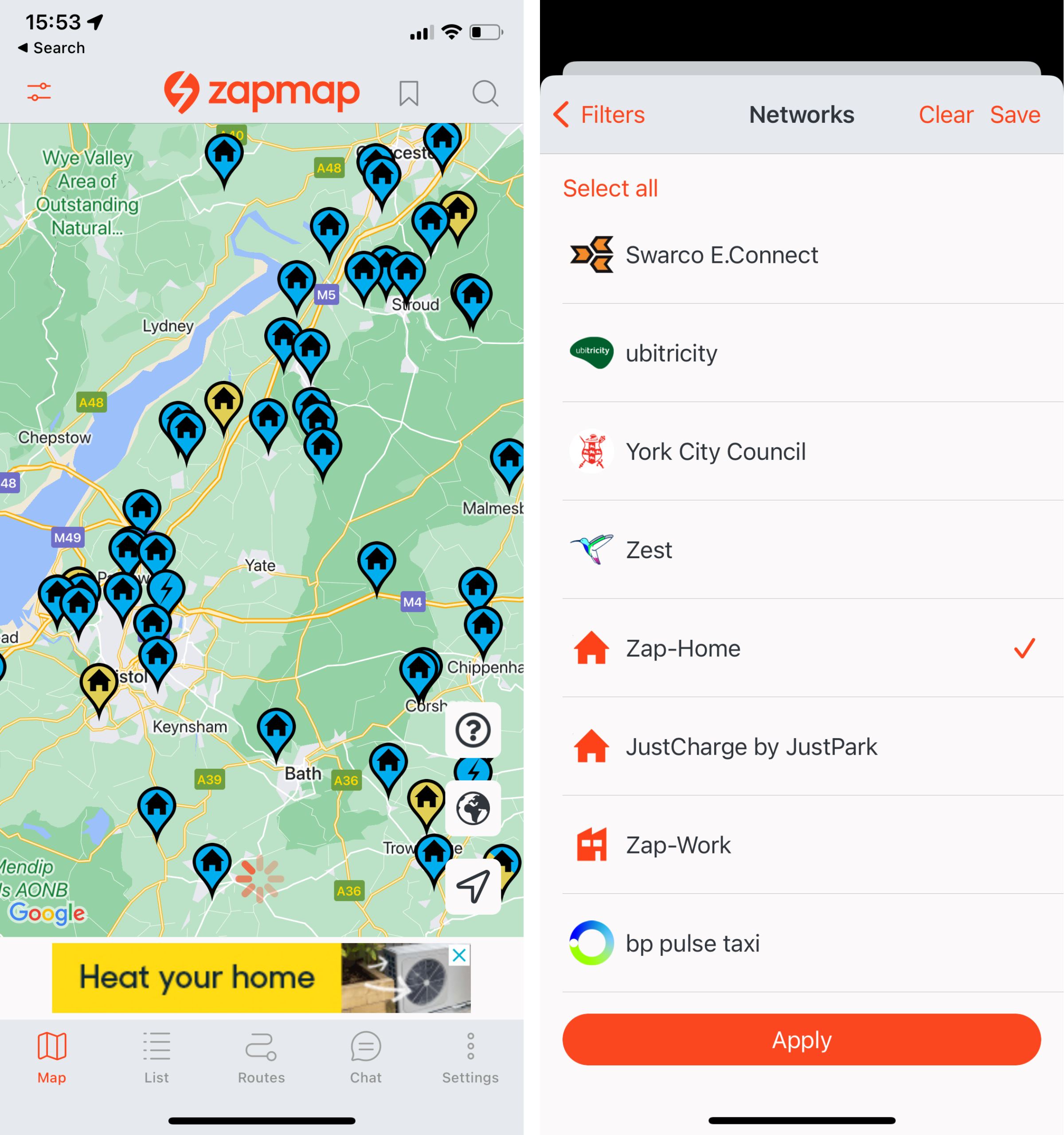 Screengrabs of the Network filter screen and Zap-Home points on the Zapmap app