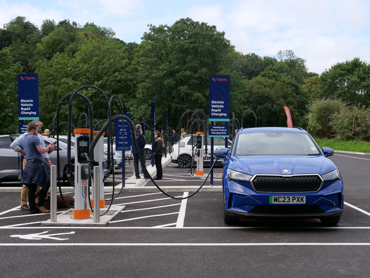 Blue Skoda EV charging at Osprey hub, Salmons Leap