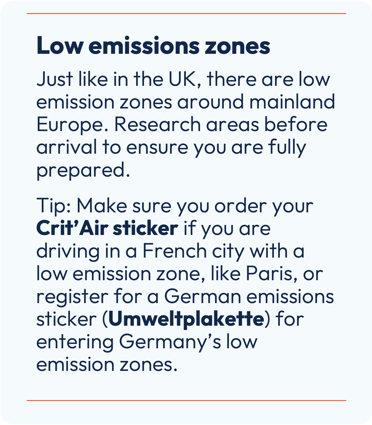 Low emissions tip - text box, order required low emission zone stickers