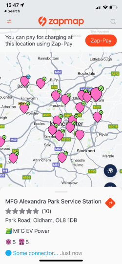 MFG EV Power charge points on the Zapmap app