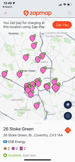 ESB Energy charge points on the Zapmap app