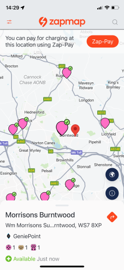 GeniePoint charge points on the Zapmap app
