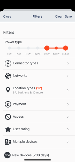 Filters selected for en-route charge points - Zapmap app screengrab