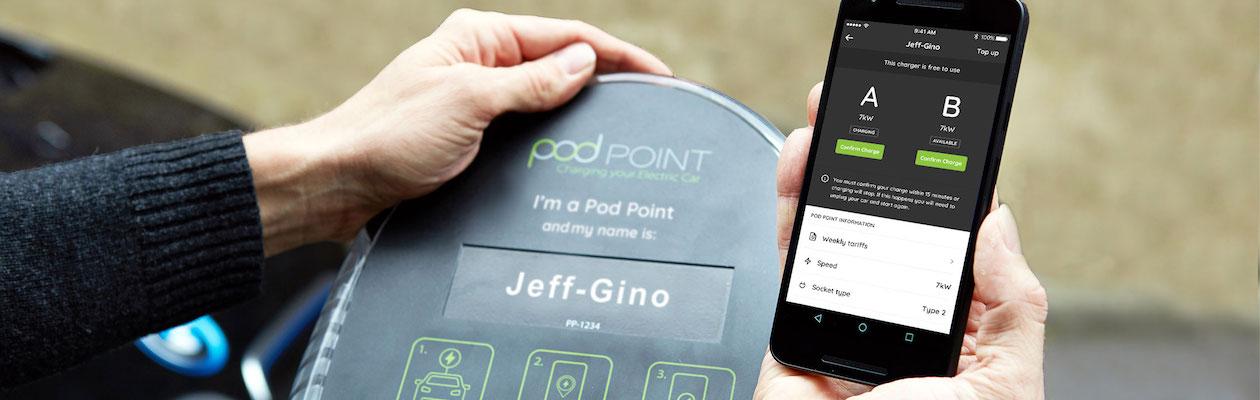 Pod Point charge point and app on phone screen