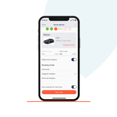 A phone displaying the Zapmap app, selecting the car for the planned journey
