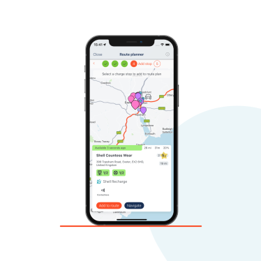 A phone displaying the Zapmap app, adding a charging stop to the planned route