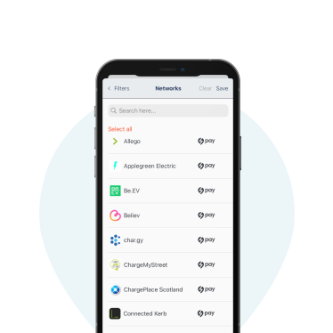 A phone displaying the Zapmap app, showing network filter options