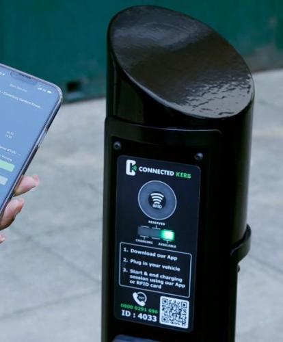 Connected Kerb bollard charge point and Zap-Pay on a mobile phone