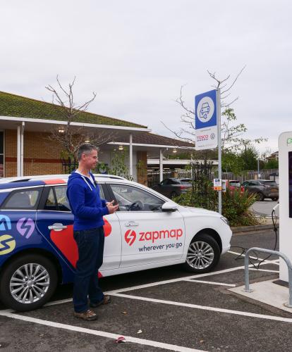 The Zapmobile stops for Pod Point charging at Tesco. Featuring Paul