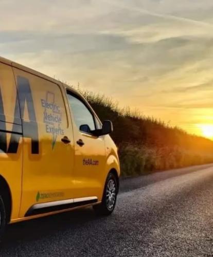 Electric AA Van driving into sunset. Photo credit: George Flinton. Toyota Proace fully electric van.