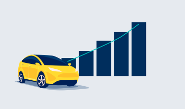 Illustration of a yellow EV infront of a bar chart that shows upwards growth